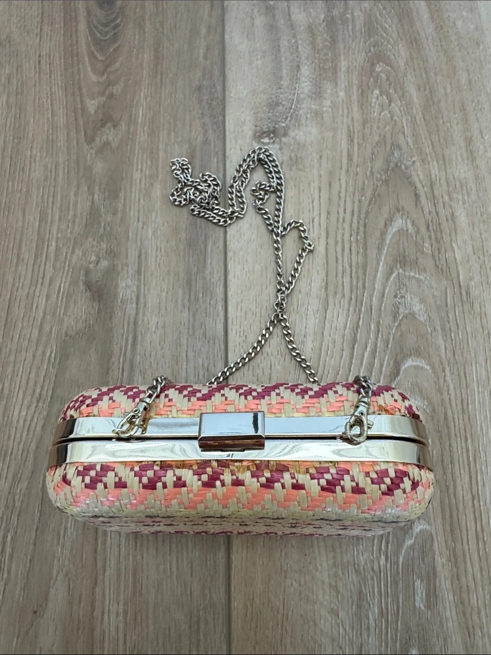 Woven Straw Crossbody Clutch in Natural and Coral